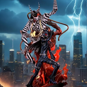 May include: A detailed figurine depicts two figures in a dynamic pose against a cityscape backdrop. One figure is clad in black and blue, while the other is adorned in black and white stripes. The base features red flames, and the sky is filled with lightning.
