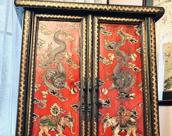 Antique Chinese Handcarved Wood Red Laquered Rare Trapezod Cabinet, Gold Gilt Dragons , Foo Dogs, Elephants, Tigers , Clouds  and more