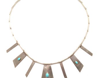 Vintage Navajo 1960'S Sterling Marked Turquoise Modernist Necklace