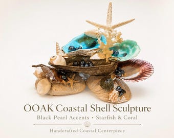 OOAK Coastal Shell Sculpture/ Jewelry Holder  with Black Faux Japanese Vintage Pearls, Starfish & Coral,Sea Urchin