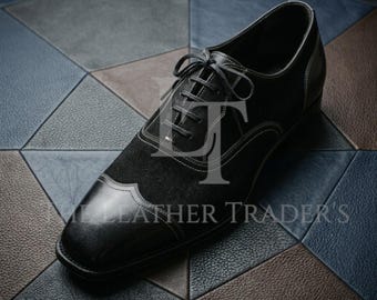 Zapatos Oxford de vestir para hombre, de piel y ante negro con puntera de ala / Calzado formal a medida