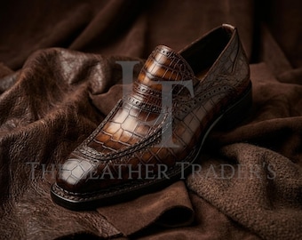 Mocasines de piel con relieve de cocodrilo hechos a mano – Zapatos de vestir tipo brogue con puntera de ala para hombre