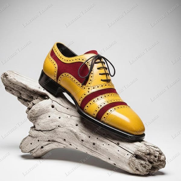 Zapatos brogue con cordones para hombre, hechos a mano, en dos tonos mostaza y burdeos.