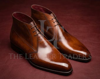 Botas Balmoral de cuero marrón para hombre / Calzado de vestir tobillero con cordones y acabado bruñido a mano