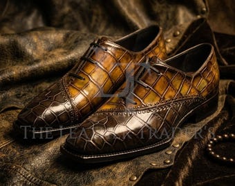 Scarpe Oxford in pelle con stampa coccodrillo realizzata a mano – Scarpe eleganti bicolore con patina brunita