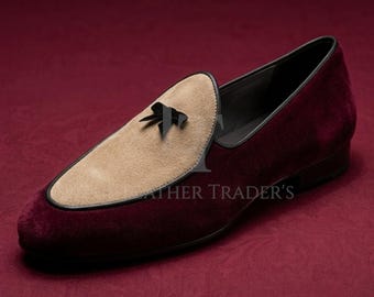 Burgundy Tuxedo Slippers | Beige Suede Vamp, Leather Sole Loafers