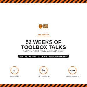 May include: A digital document titled 52 WEEKS OF TOOLBOX TALKS, Full-Year OSHA Safety Meeting Program. It features the 816 SAFETY logo, an instant download button, and icons for 52 weekly topics, 2-page talk and sign-in logs, and OSHA standards.