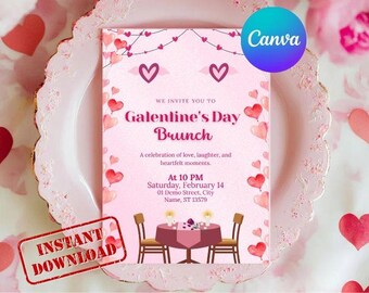 Galentine’s Brunch Invitation Template, Pink Canva Invite, Editable Girls Day Card, Digital Download