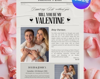 Will You Be My Valentine Newspaper Template, Editable Canva Valentine’s Day Announcement, Instant Download Digital Gift