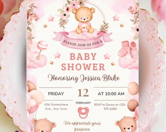 Valentine Baby Shower Invitation Template, Editable Valentine Baby Shower Invite, Pink Love Theme Shower Card, Printable Digital Invitation