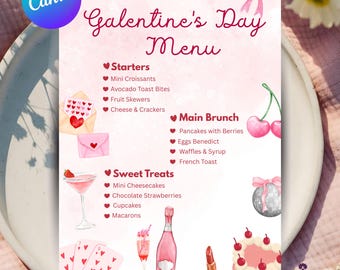 Galentines Day Menu Template, Editable Galentine’s Party Menu, Girls Night Brunch Dinner Menu, Instant Download