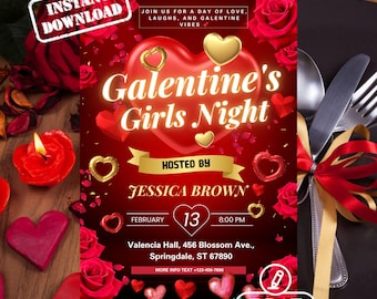 Galentine’s Girls Night Invitation Party, Editable Galentine’s Day Invitation Template, Girls Night Party Invite, Instant Download