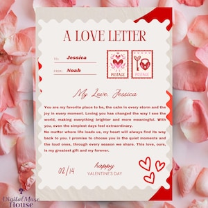 Könnte beinhalten: Ein Liebesbrief zum Valentinstag mit rotem und weißem Design. Der Brief ist an Jessica von Noah adressiert und zeigt Briefmarken mit Herz- und Schlüsselmotiven. Der Text enthält eine romantische Botschaft und das Datum 02/14.