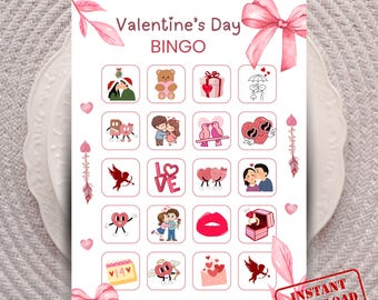 Valentine’s Bingo Card Printable, Valentine Party Bingo Game, Kids & Adults Valentine Game, Instant Download PDF