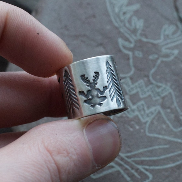 Horned God Ring - Cernunnos Jewelry - Pagan Jewelry - Viking - Shaman - Tribal - Deity With Tree branches and Pine Trees Cuff Ring