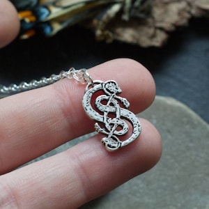 May include: Silver necklace with a pendant featuring a detailed intertwined snake design.