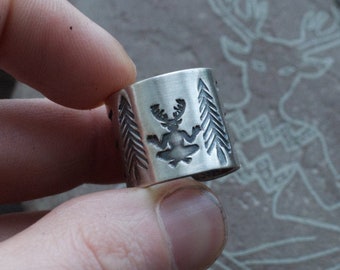 Horned God Ring - Cernunnos Jewelry - Pagan Jewelry - Viking - Shaman - Tribal - Deity With Tree branches and Pine Trees Cuff Ring