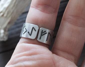 Nordic Runes Engraved Adjustable Cuff Ring, Protective Ancient Symbols & Divination Inspired - Customizable Jewelry