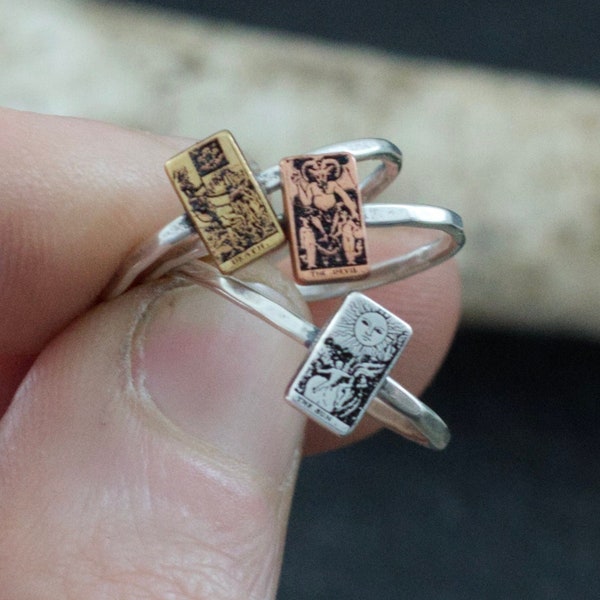 Tiny Tarot Card Stacking Ring - Witchcraft Jewelry - Pagan - Occult - Sterling Silver, Brass or Copper - Major or Minor Arcana