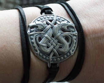 Urnes Dragons Wrap Bracelet - Viking Jewelry - Viking Art - Norse Mythology - Heathen - Deer Leather