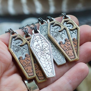 Halloween Coffin Pendant - Jack O&#39; Lantern in cemetery with RIP Tombstone - Halloween Jewelry - Triple Moon Goddess with Pumpkin Face