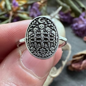 Könnte beinhalten: Ein silberner Ring mit einem ovalen Anhänger, der ein detailliertes Design von drei Skeletten, einem Mond und floralen Elementen zeigt. Der Ring wird vor einem verschwommenen Hintergrund aus getrockneten Blumen und Blättern gehalten.