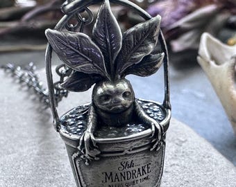 Sterling Silver Mandrake Necklace Mandragora Root Pendant Witch Herbal Charm Dark Academia Necklace Halloween Jewelry Green Witch Gift