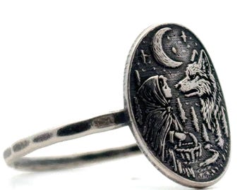 Sterling Silver Wolf Ring Red Riding Hood Jewelry Witchy Forest Gift for Her Halloween Birthday Anniversary Cottagecore Fairy Tale