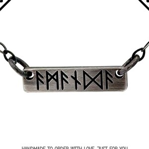 May include: A silver necklace with a rectangular pendant engraved with runes. The pendant is attached to a chain. The background shows a forest scene and the text "HANDMADE TO ORDER WITH LOVE, JUST FOR YOU."