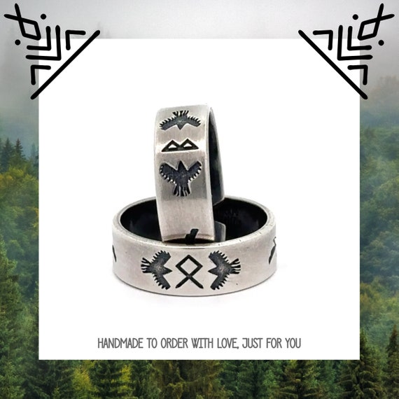 Rune Ring - Huginn and Muninn - Viking Jewelry - Pagan Wedding Gift - Raven Jewelry - Ansuz - Runes - Spirit Animal