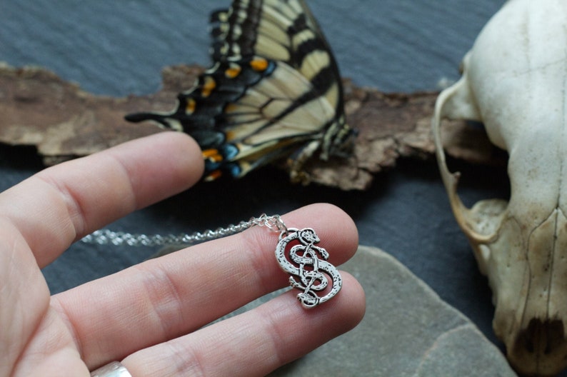 May include: Silver necklace with a pendant featuring a detailed intertwined snake design.