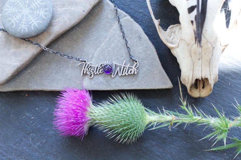 May include: A silver necklace with a purple gemstone and the words "Thistle Witch" hanging on a gray surface with a thistle flower.