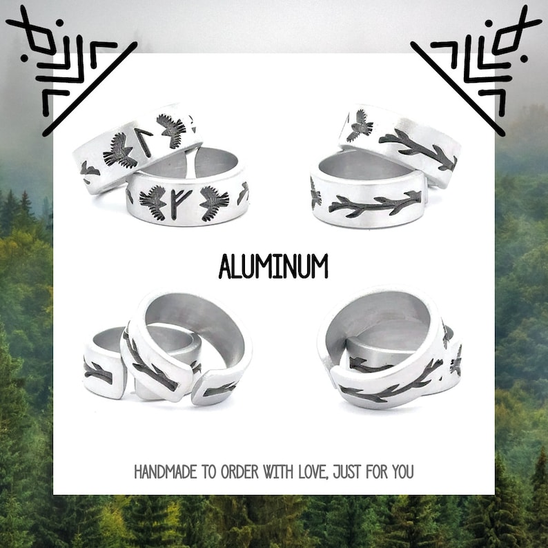 May include: Three silver rings with different designs. The first ring has a bird and runes engraved on it. The second ring has a branch design. The third ring has a bird and arrow design. The rings are made of aluminum and are handmade to order.