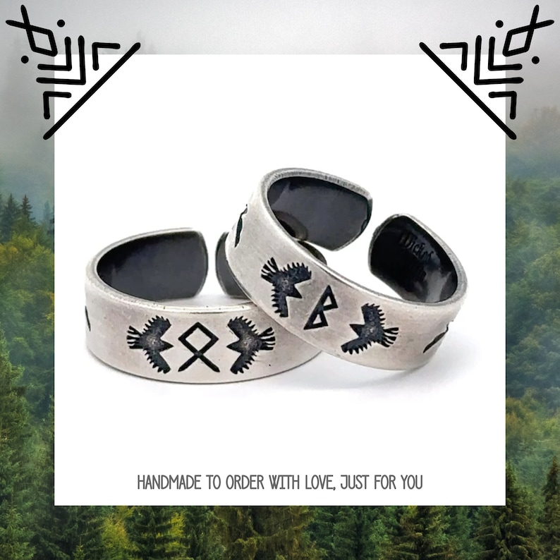 May include: Two silver adjustable rings with black etched designs. The rings feature a bird and a geometric symbol. The text "HANDMADE TO ORDER WITH LOVE, JUST FOR YOU" is visible below the rings.
