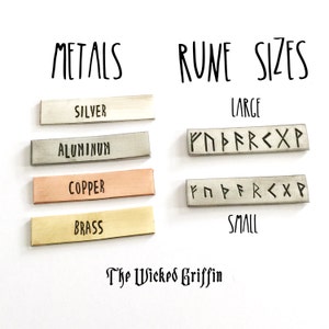 May include: A close-up of four metal samples labeled "Silver", "Aluminum", "Copper", and "Brass".  Next to the metal samples are two rows of runes, labeled "Large" and "Small".  The text "The Wicked Griffin" is at the bottom of the image.