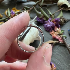 May include: A silver ring with a small, oval-shaped stone. The ring is held between fingers, with a blurred background of dried flowers and other natural elements.