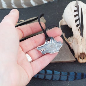 May include: A silver wolf head pendant on a black cord necklace. The pendant is detailed and textured, with a wolf's face in profile. The pendant is being held in a hand, with a blue and black feather and a small skull in the background.