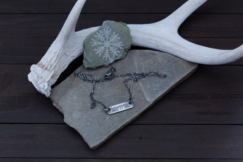 May include: A silver chain necklace with a silver bar pendant engraved with the word "DOMINIX". The necklace is displayed on a grey stone with a white antler behind it.