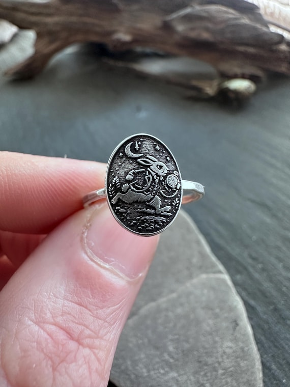 Sterling Silver Alice in Wonderland Ring, Storybook Jewelry with the White Rabbit is Late, Handmade Fantasy Ring, Literary Folklore Jewelry