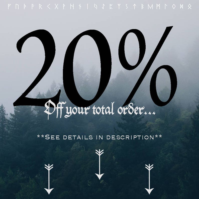 May include: A graphic with a black 20% discount on a foggy forest background. The text reads "Off your total order..." and "**SEE DETAILS IN DESCRIPTION**".