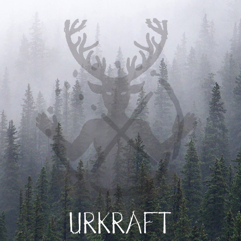 May include: A stylized image of a deer-like creature with antlers, superimposed over a foggy forest scene. The text "URKRAFT" is printed below the image.