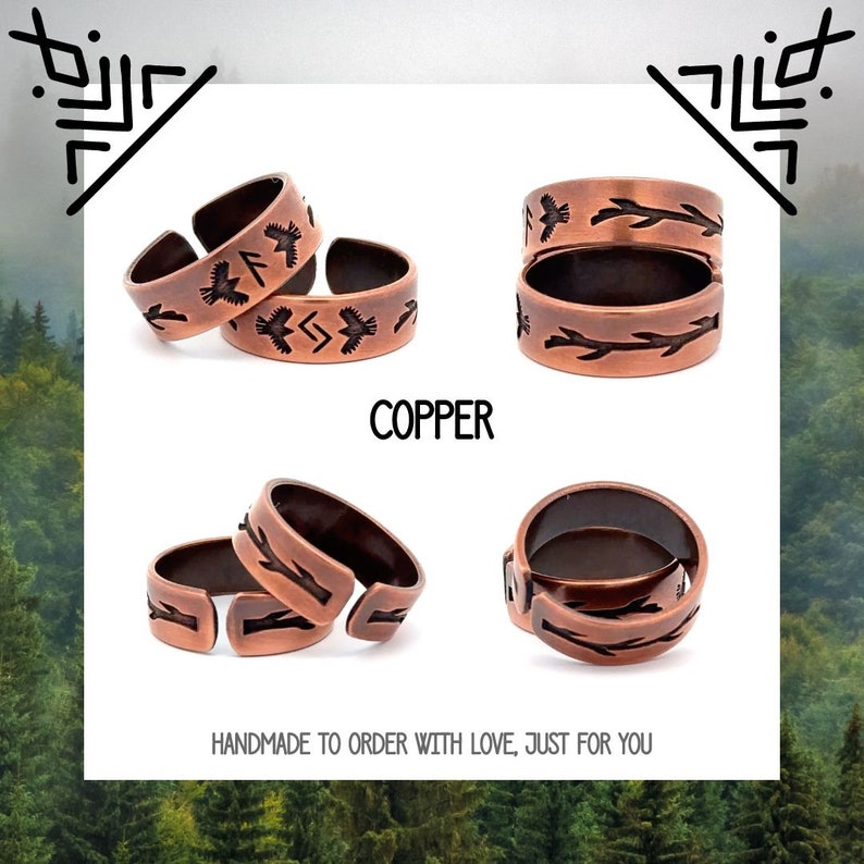 May include: Four copper adjustable rings with different designs. Two rings feature a bird and a symbol, and two rings feature a branch design. The rings are handmade to order with love, just for you. COPPER.