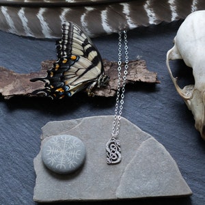 May include: A silver necklace with a knotwork pendant hangs on a gray stone. A butterfly, a feather, and a skull are also in the image.