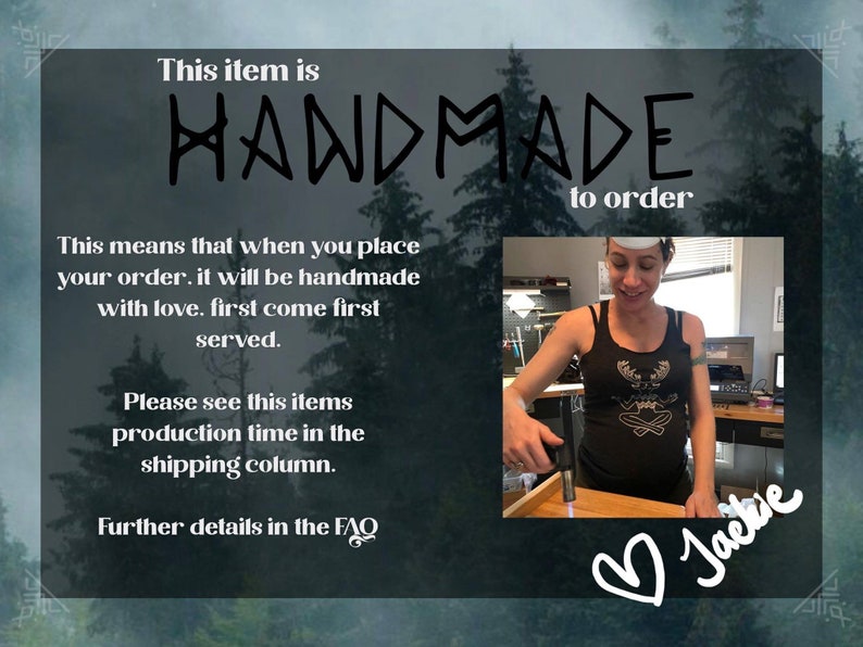 May include: A sign with the text "This item is HANDMADE to order. This means that when you place your order, it will be handmade with love. First come first served. Please see this items production time in the shipping column. Further details in the FAQ."  A woman is working on a piece of jewelry in the background.