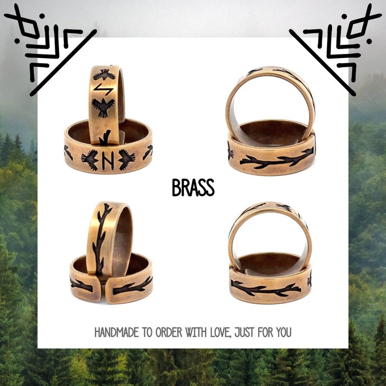 May include: Four brass rings with different designs. Two rings feature a branch design, and two rings feature a bird and lightning bolt design. The rings are stacked on top of each other. The text "BRASS" is printed below the rings. The text "HANDMADE TO ORDER WITH LOVE, JUST FOR YOU" is printed below the text "BRASS".