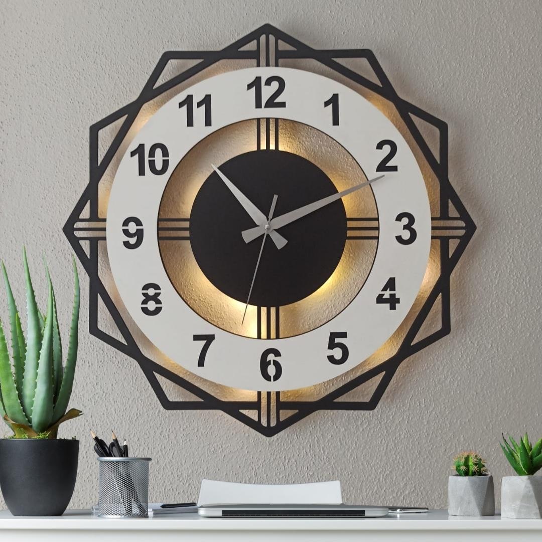 Modern White LED Lighted Wall Clock 40 Cm Geometric Decorative Design ...