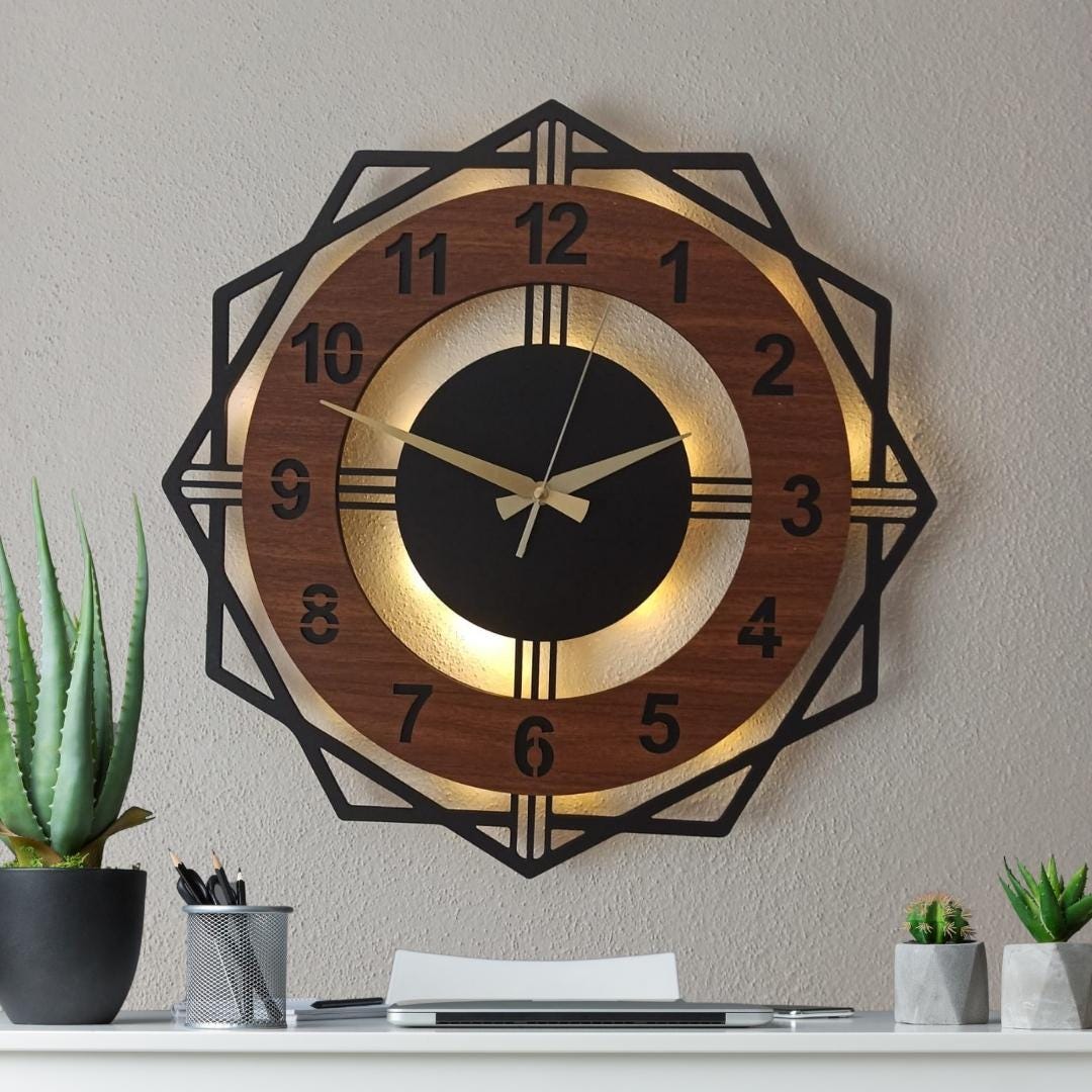 Modern Walnut LED Lighted Wall Clock 40 Cm Geometric Decorative Design ...