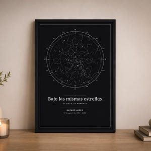 Puede incluir: Un cuadro rectangular con marco negro que muestra un mapa estelar circular blanco sobre fondo negro. El texto dice: Bajo las mismas estrellas, TU CIELO, TU MOMENTO, BUENOS AIRES, 12 de agosto de 2024, 22:30, en letras de color blanco.