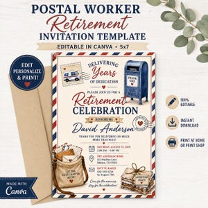 Puede incluir: Una plantilla de invitación de jubilación para trabajador postal de 13x18 cm con temática de correo vintage, que incluye un buzón azul, un sello de camión de correo y un bolso de lona. El texto incluye "Delivering Years of Dedication", "Retirement Celebration" y "David Anderson".