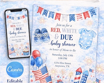 Invitación para baby shower con temática roja, blanca y del 4 de julio (plantilla editable de Canva)